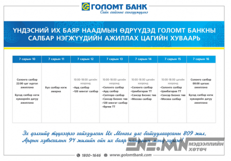 Наадмын өдрүүдэд Голомт банкны ажиллах цагийн хуваарь